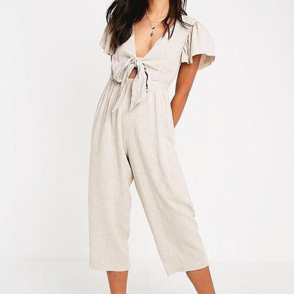 MinkPink Cream Linen Blend Tie-Front Jumpsuit, size small- retails for $…